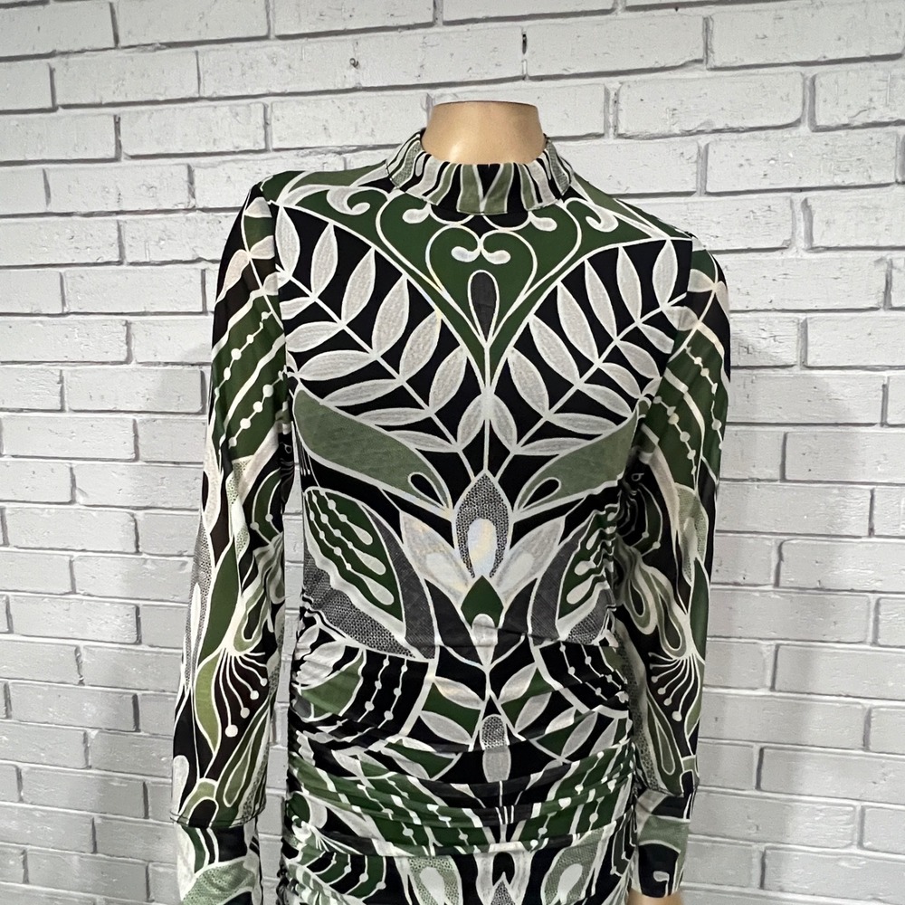 Farm Rio Green Lace Nature Tulle Botanical Geometric Mock Neck Midi Dress | M - Picture 2 of 11